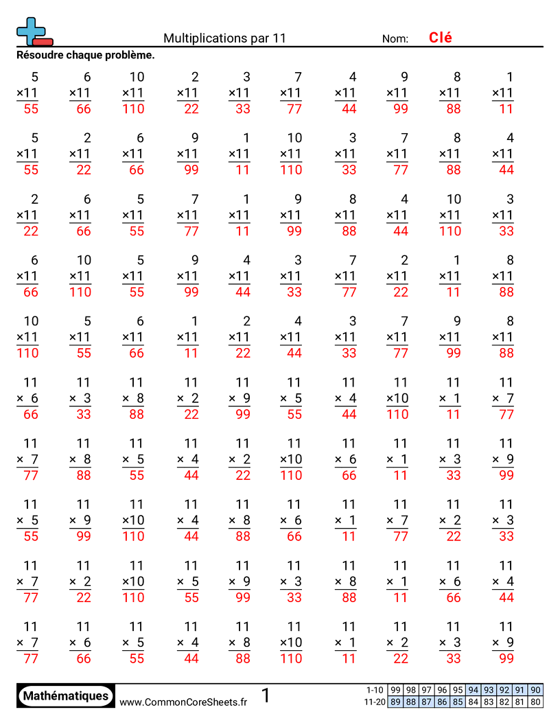 Fiches d'Exercices de Multiplications - 11 worksheet