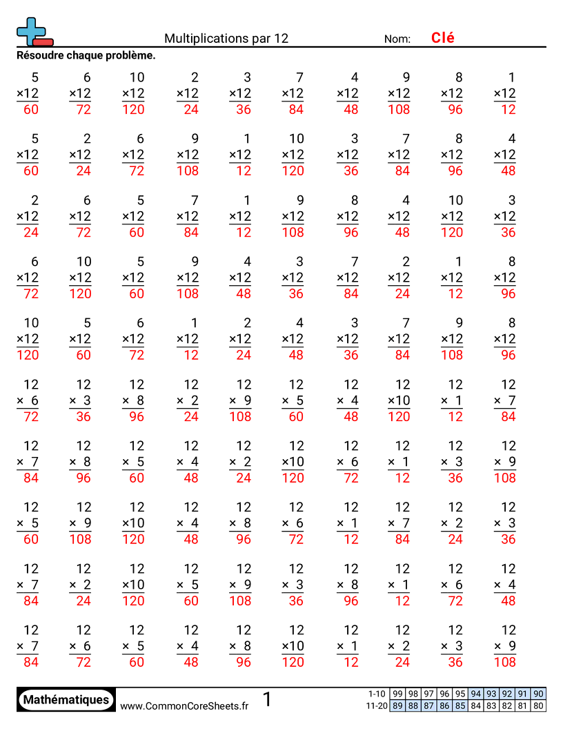 Fiches d'Exercices de Multiplications - 12 worksheet