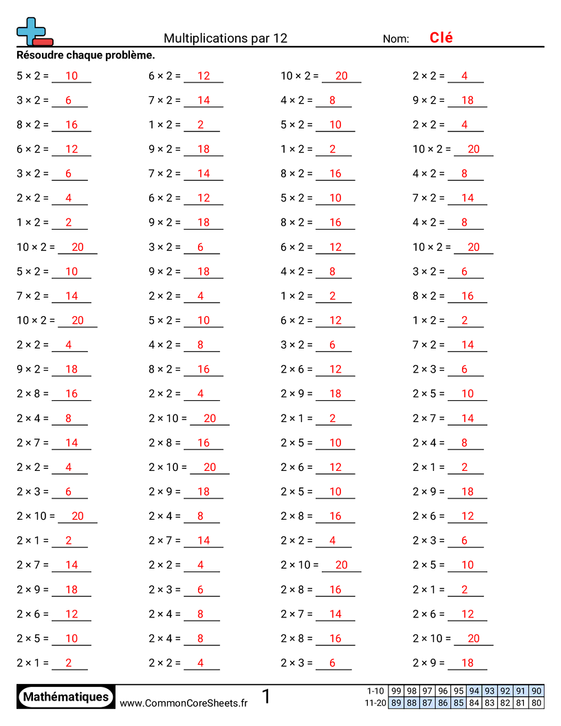 Fiches d'Exercices de Multiplications - 2 (horizontal) worksheet