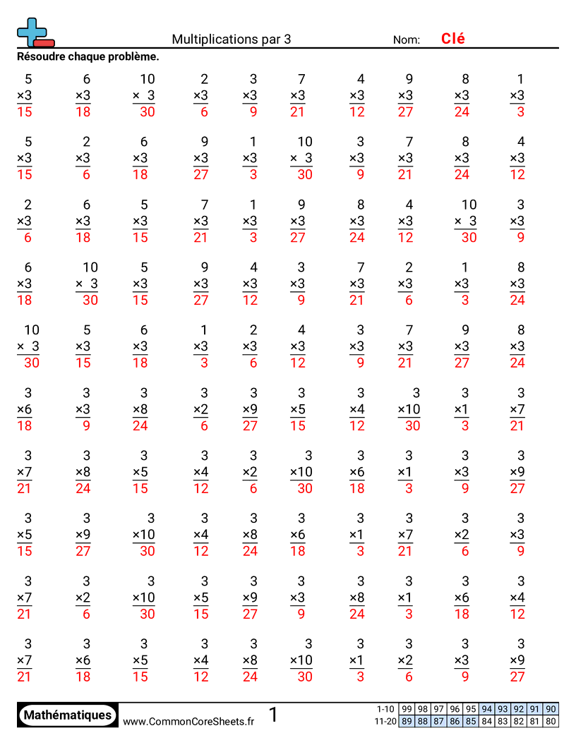 Fiches d'Exercices de Multiplications - 3 worksheet
