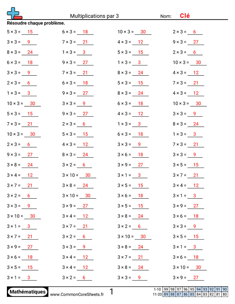 Fiches d'Exercices de Multiplications - 3 (horizontal) worksheet