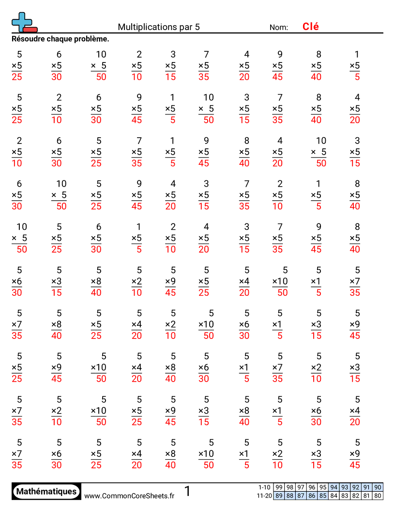Fiches d'Exercices de Multiplications - 5 worksheet