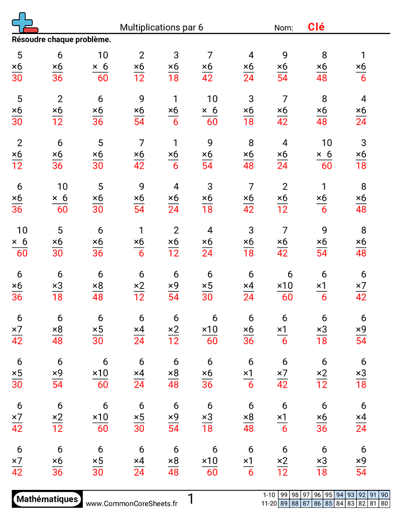 Fiches d'Exercices de Multiplications - 6 worksheet
