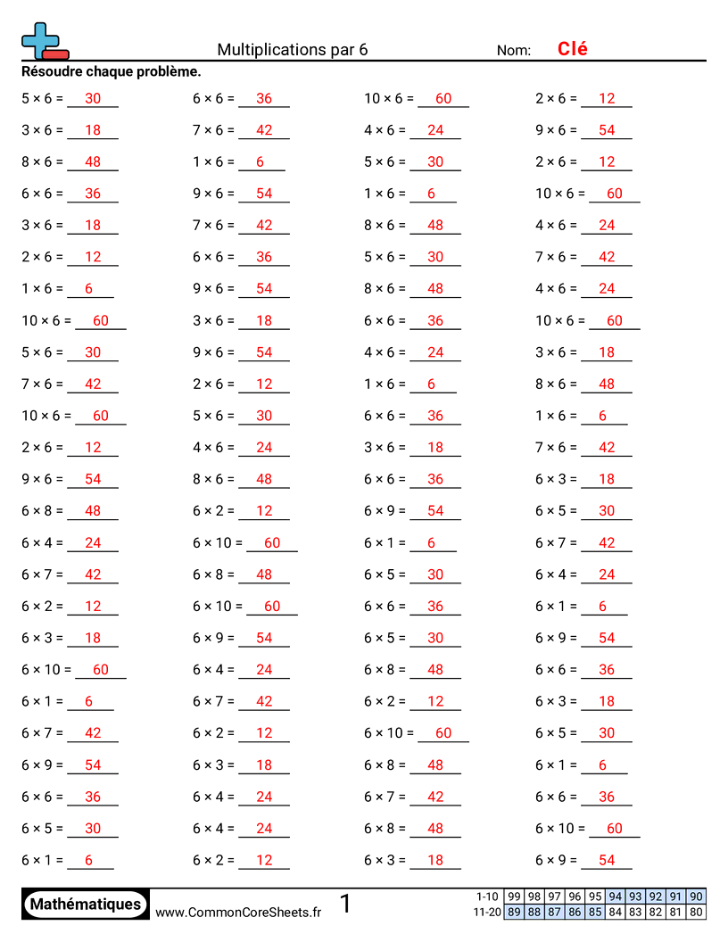 Fiches d'Exercices de Multiplications - 6 (horizontal) worksheet