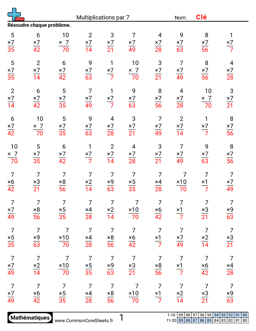 Fiches d'Exercices de Multiplications - 7 worksheet