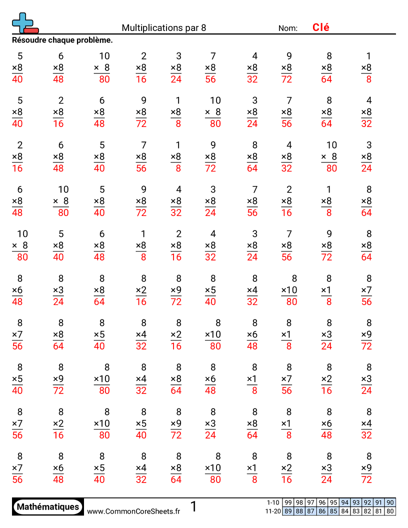 Fiches d'Exercices de Multiplications - 8 worksheet