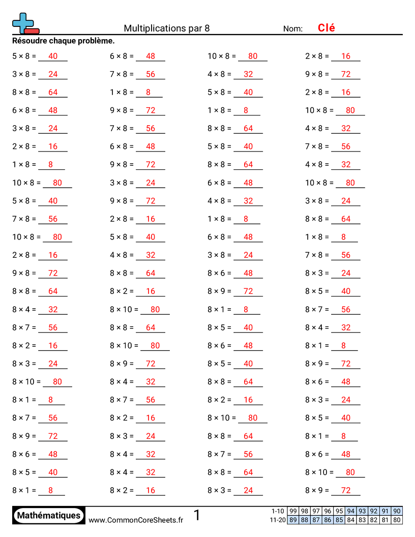 Fiches d'Exercices de Multiplications - 8 (horizontal) worksheet