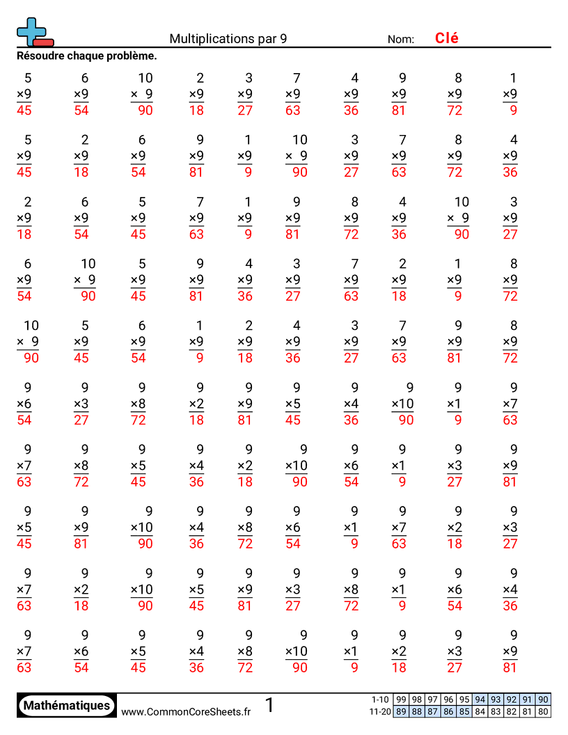 Fiches d'Exercices de Multiplications - 9 worksheet