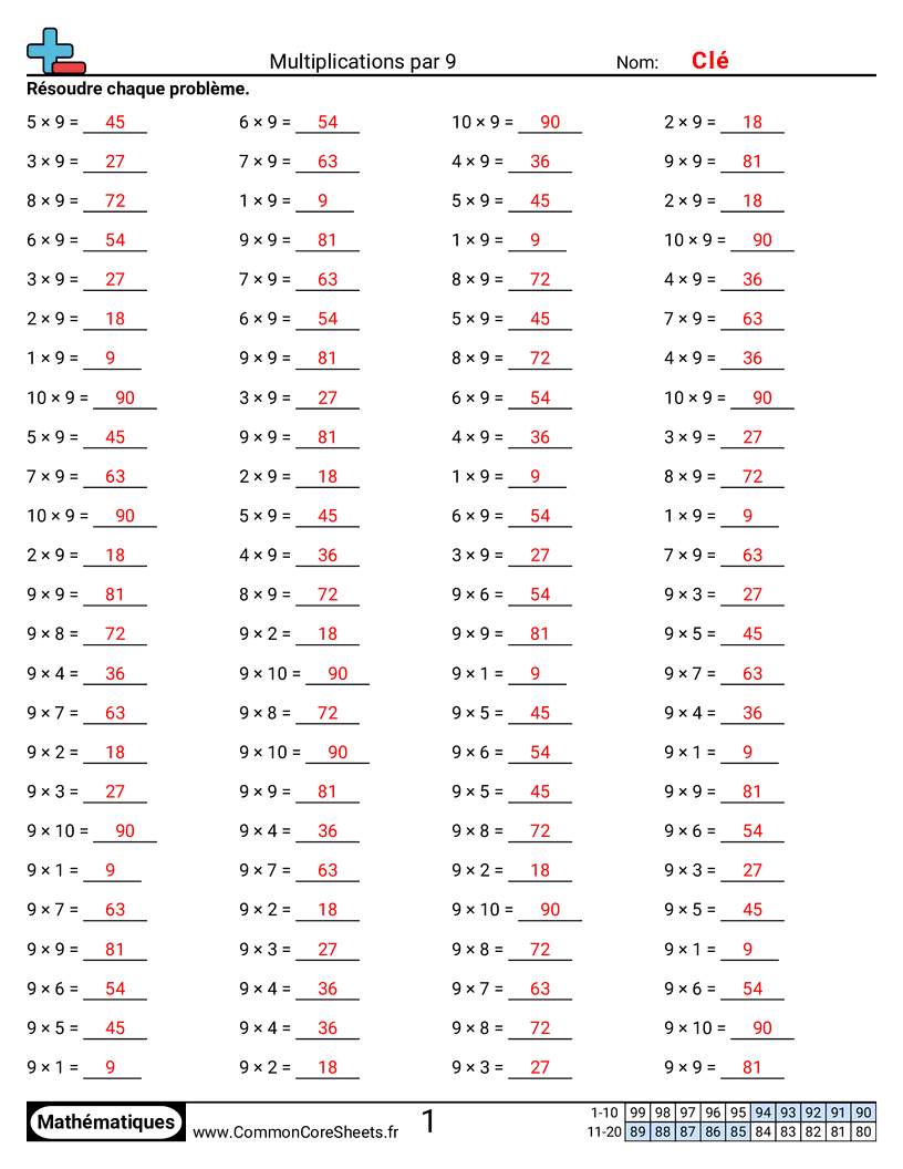 Fiches d'Exercices de Multiplications - 9 (horizontal) worksheet