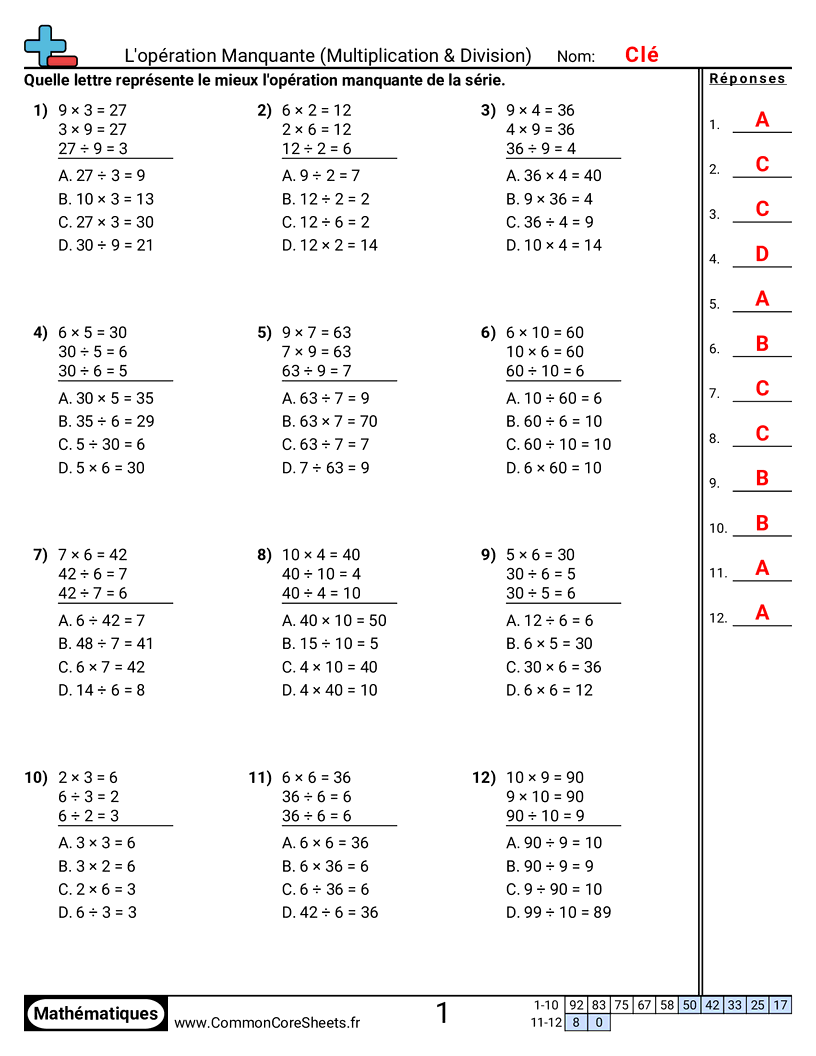 Fiches d'Exercices avec Figures - Trouver le fait manquant (choix multiple) worksheet