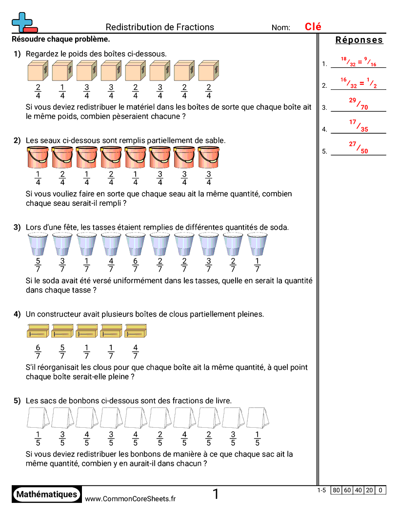 Fiches d'Exercices avec Fractions - Répartir des valeurs de fractions worksheet