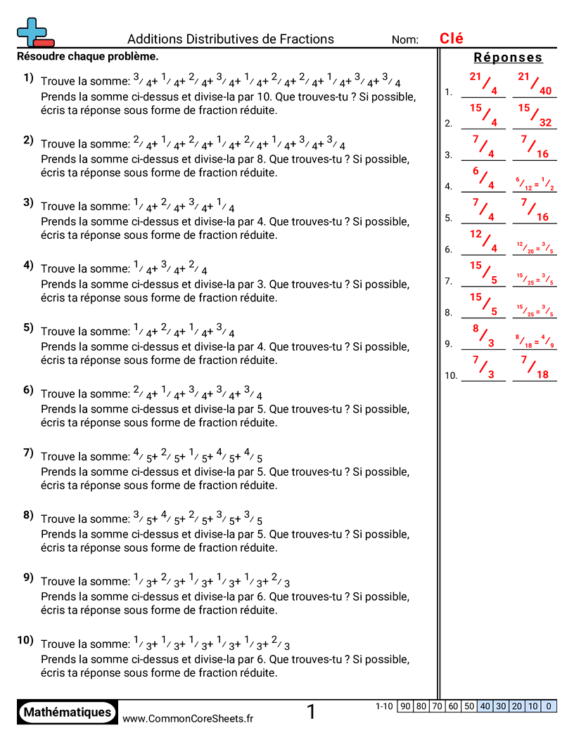 Fiches d'Exercices avec Fractions - Répartir des sommes de fractions worksheet