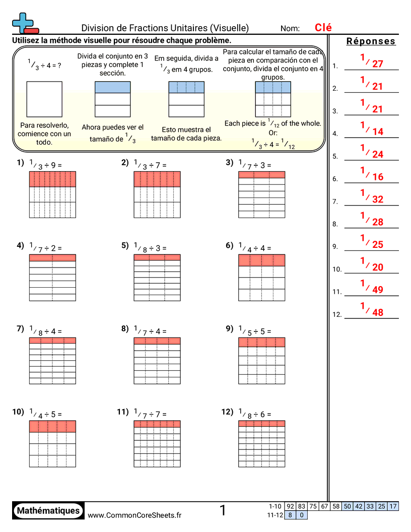 Fiches d'Exercices avec Fractions - Diviser des fractions unitaires (visuel) worksheet