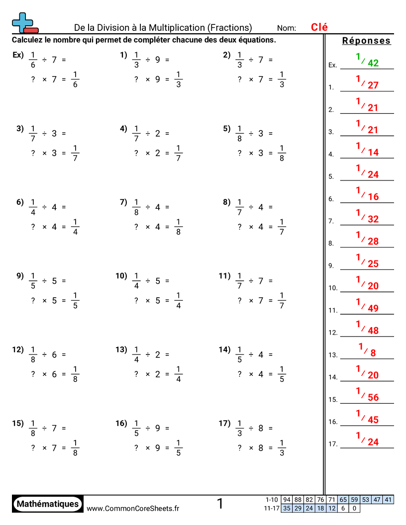 Fiches d'Exercices avec Fractions - Division relative à la multiplication worksheet