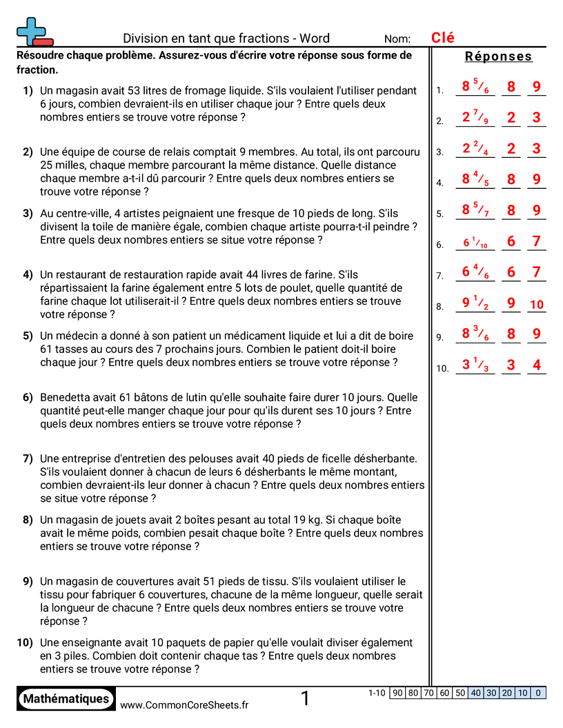 Fiches d'Exercices avec Fractions - Division en fraction (problèmes) worksheet