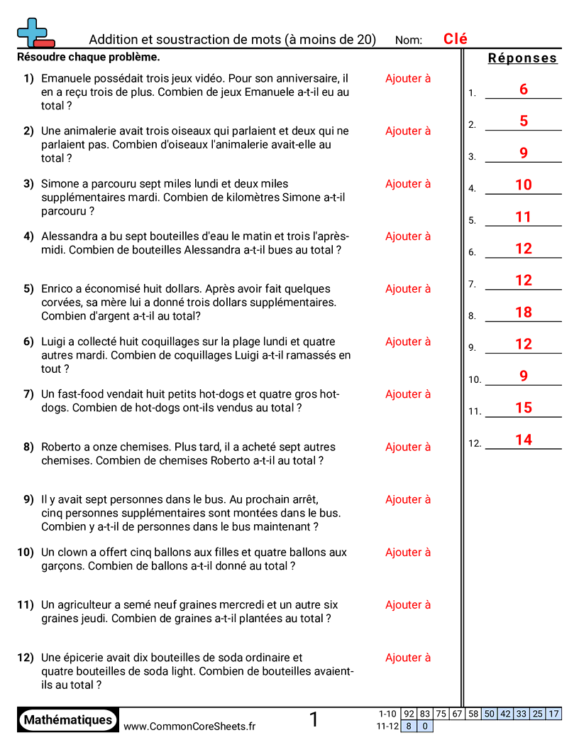 Fiches d'Exercices d'Additions - Problèmes d’addition jusqu’à 20 worksheet