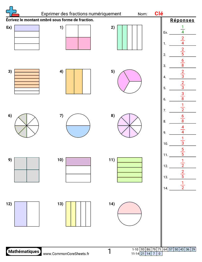 Fiches d'Exercices avec Fractions - Exprimer des fractions numériquement worksheet