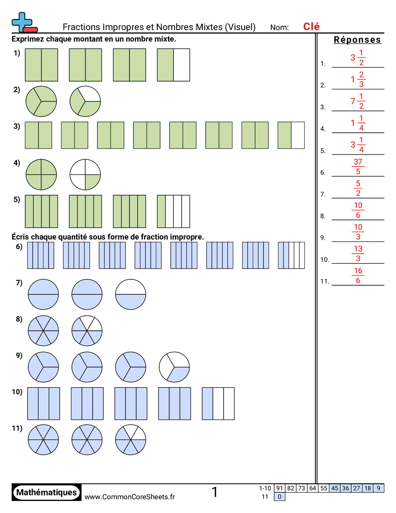 Fiches d'Exercices avec Fractions - Fractions impropres et mixtes (visuel) worksheet