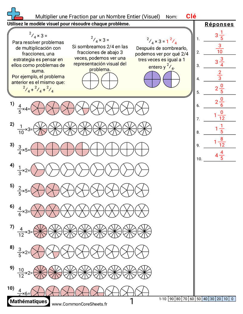 Fiches d'Exercices avec Fractions - Multiplier des fractions par des nombres entiers (visuel) worksheet