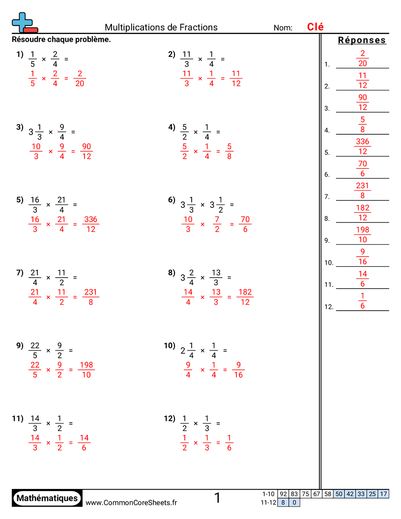Fiches d'Exercices avec Fractions - Multiplier des fractions worksheet