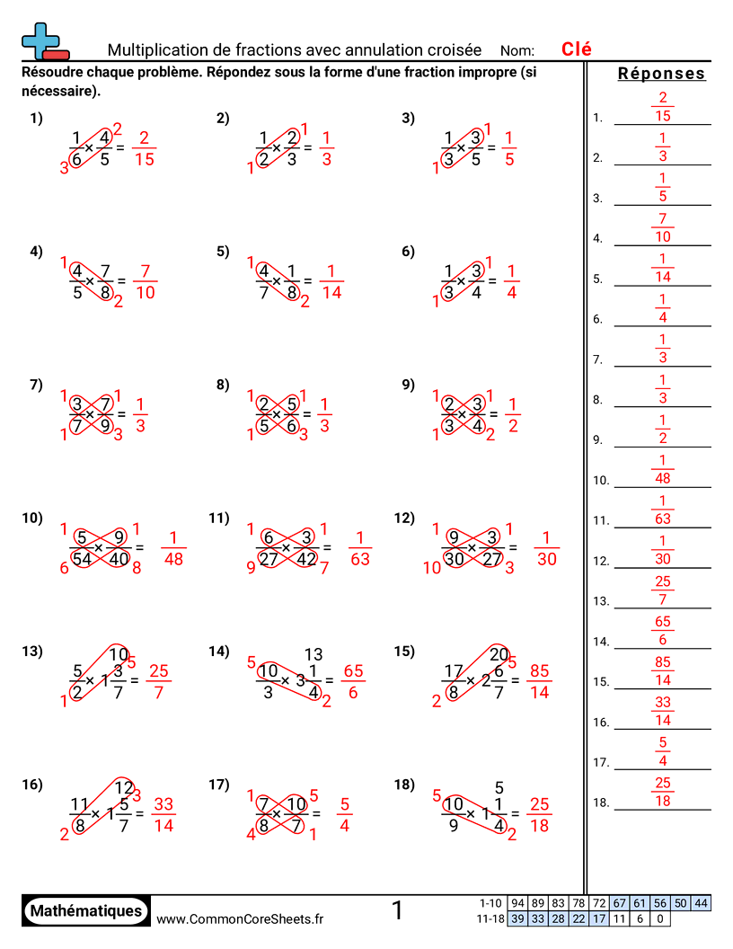 Fiches d'Exercices avec Fractions - Multiplier des fractions avec simplification croisée worksheet