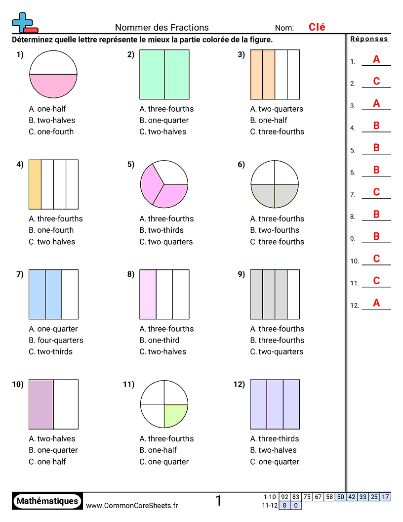 Fiches d'Exercices avec Fractions - Nommer des fractions worksheet