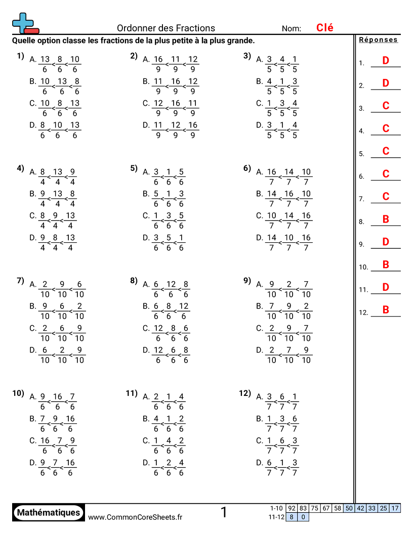 Fiches d'Exercices avec Fractions - Ordonner des fractions (choix multiple) worksheet