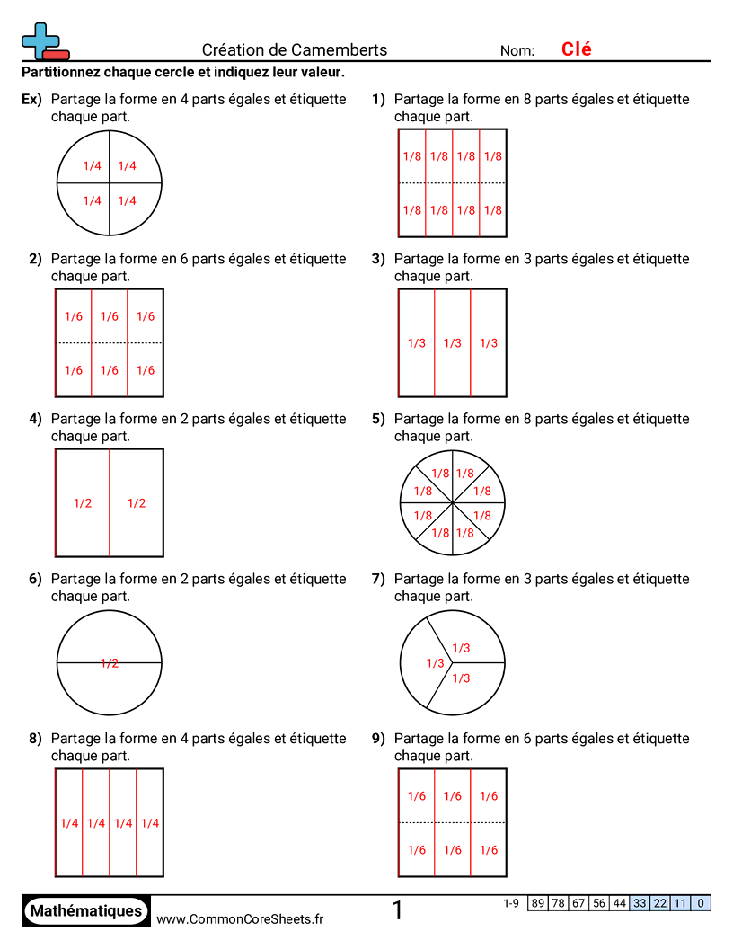 Fiches d'Exercices avec Fractions - Partitionner des formes worksheet