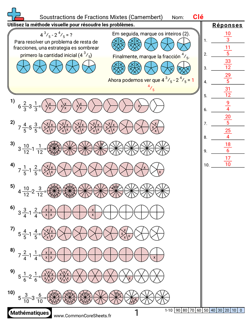 Fiches d'Exercices avec Fractions - Soustraire des fractions mixtes (visuel) worksheet