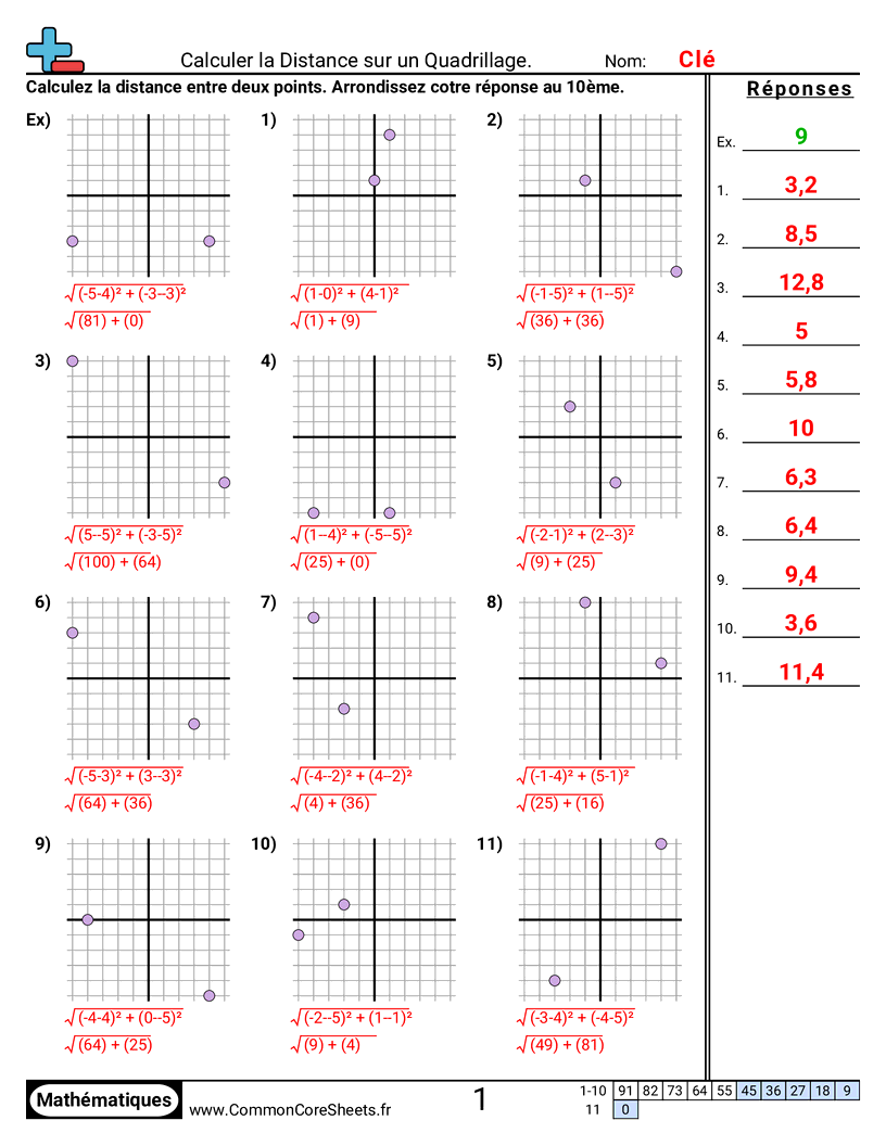 Fiches d'Exercices avec Repères Graphiques - Trouver la distance (X et Y différents) worksheet