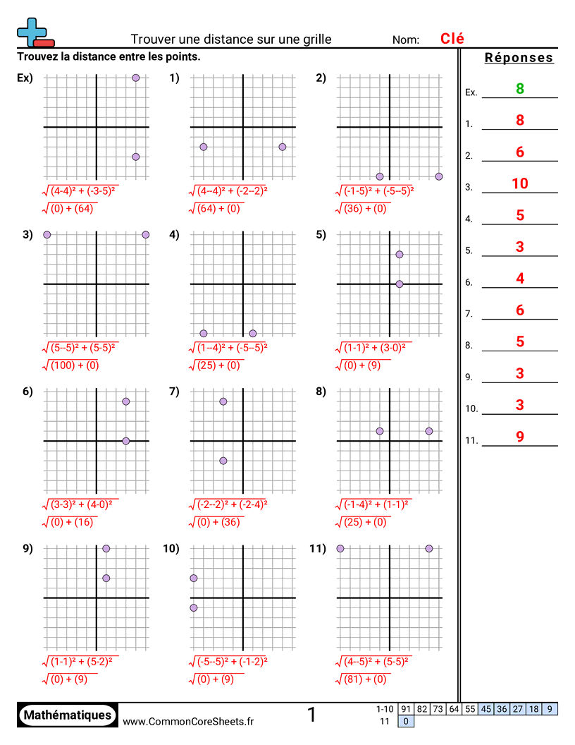 Fiches d'Exercices avec Repères Graphiques - Trouver la distance (même X ou même Y) worksheet