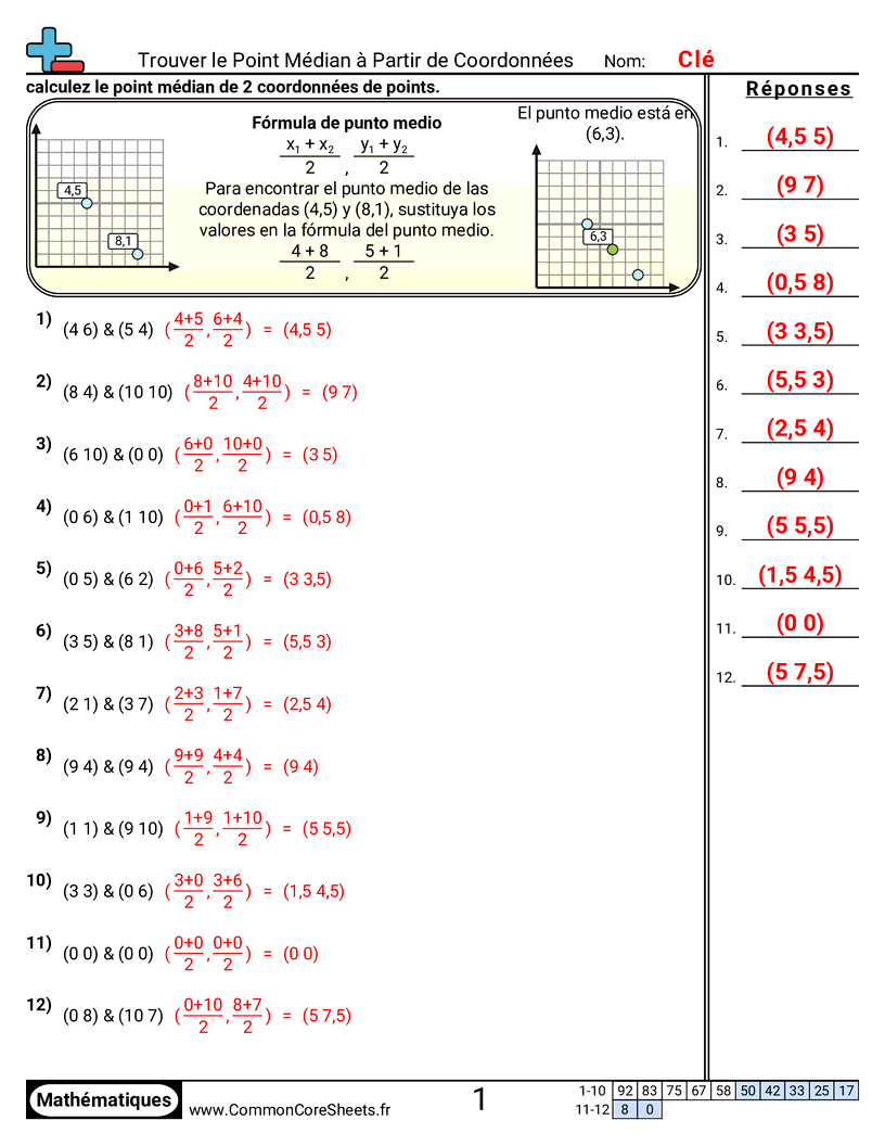 Fiches d'Exercices avec Repères Graphiques - Trouver le milieu à partir des coordonnées worksheet