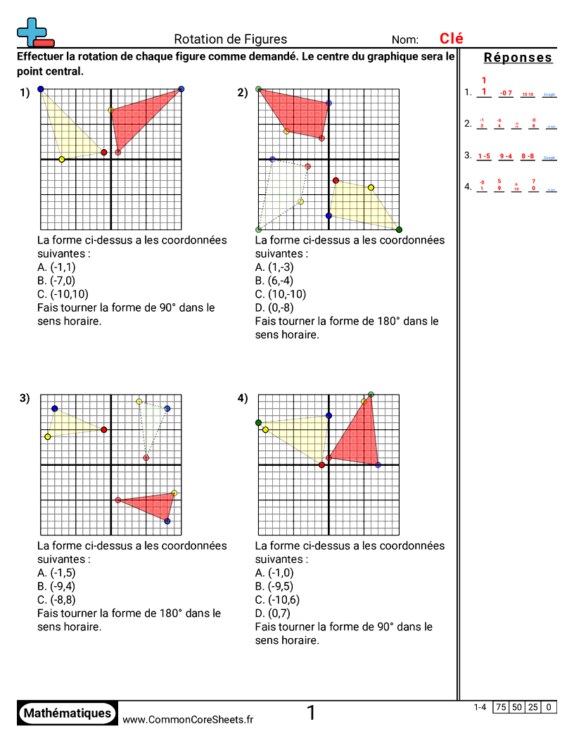 Fiches d'Exercices avec Repères Graphiques - Effectuer une rotation sur le plan de coordonnées worksheet