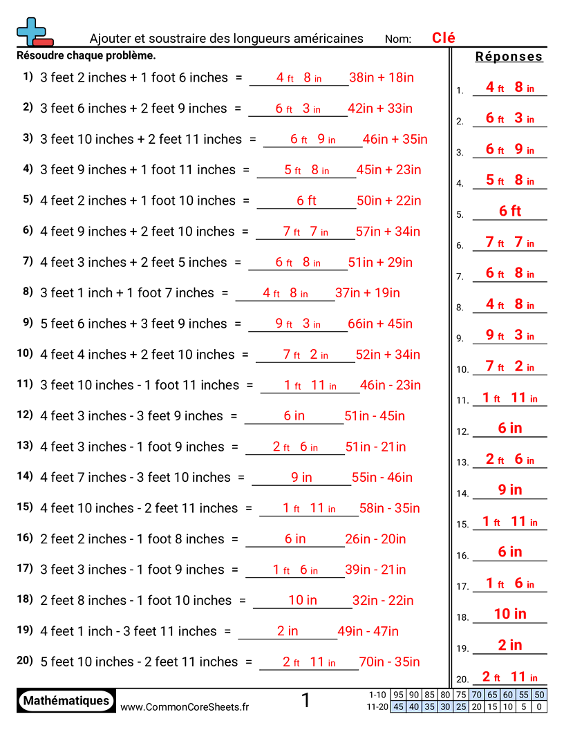 Measurement Fiches d'Exercices sur la Mésure - Additionner et soustraire des longueurs américaines worksheet