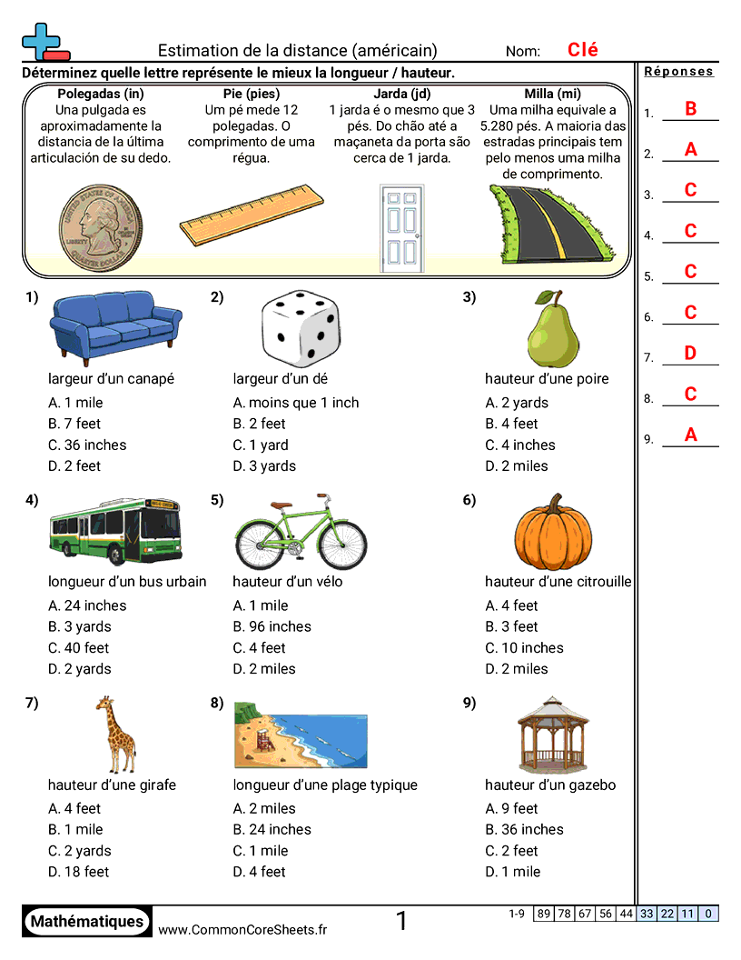 Measurement Fiches d'Exercices sur la Mésure - Estimer une longueur (américaine) worksheet