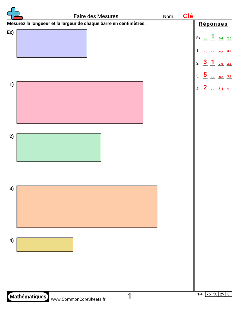 Measurement Fiches d'Exercices sur la Mésure - Comparer deux mesures (largeur et hauteur) worksheet