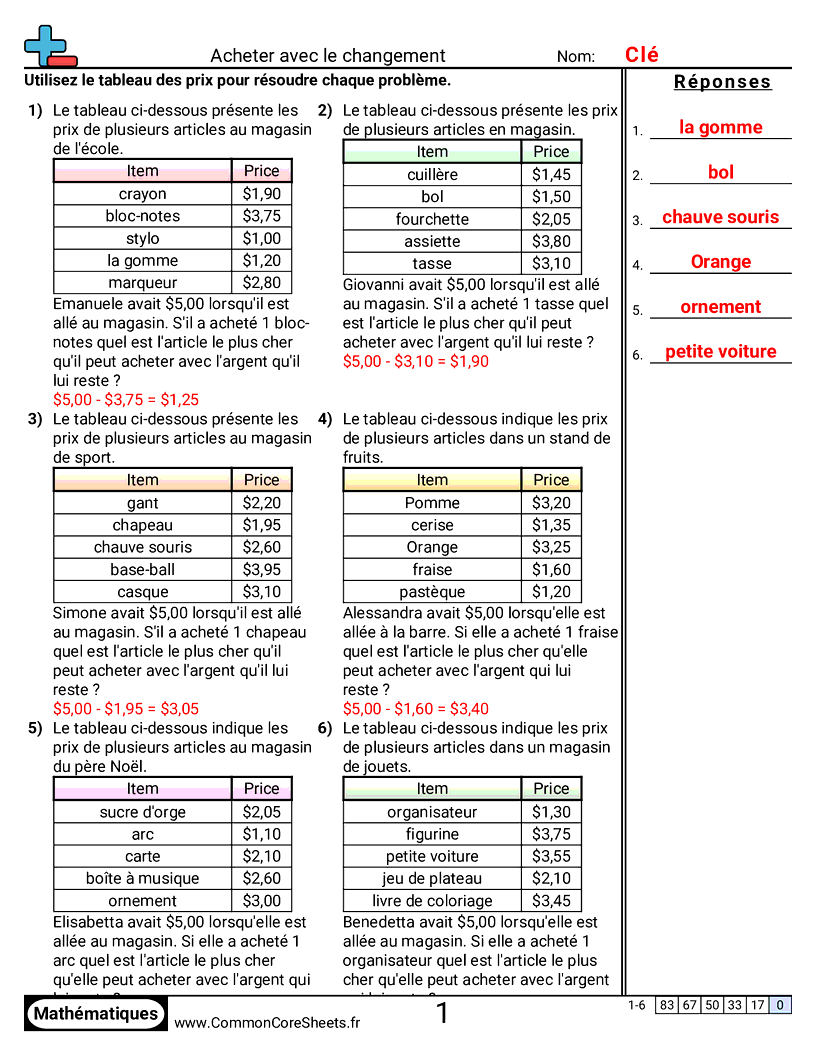 Fiches d'Exercices sur la Monnaie - Acheter avec de la monnaie worksheet