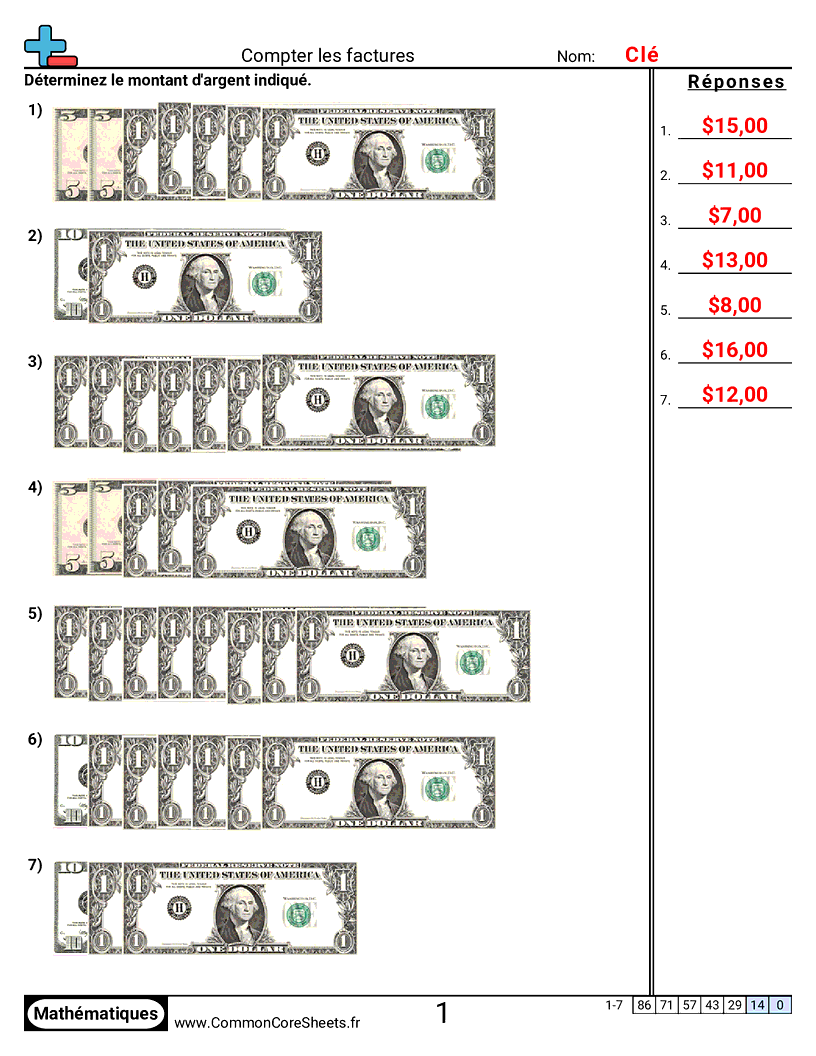 Fiches d'Exercices sur la Monnaie - Compter les billets worksheet