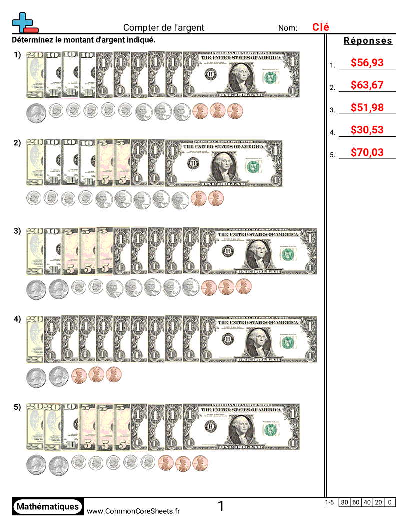 Fiches d'Exercices sur la Monnaie - Compter l’argent (avec monnaie) worksheet