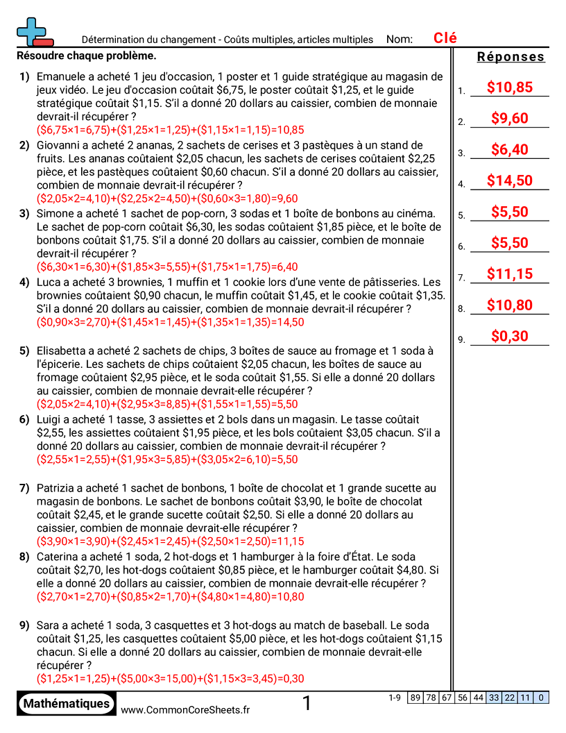 Fiches d'Exercices sur la Monnaie - Plusieurs articles, plusieurs prix worksheet