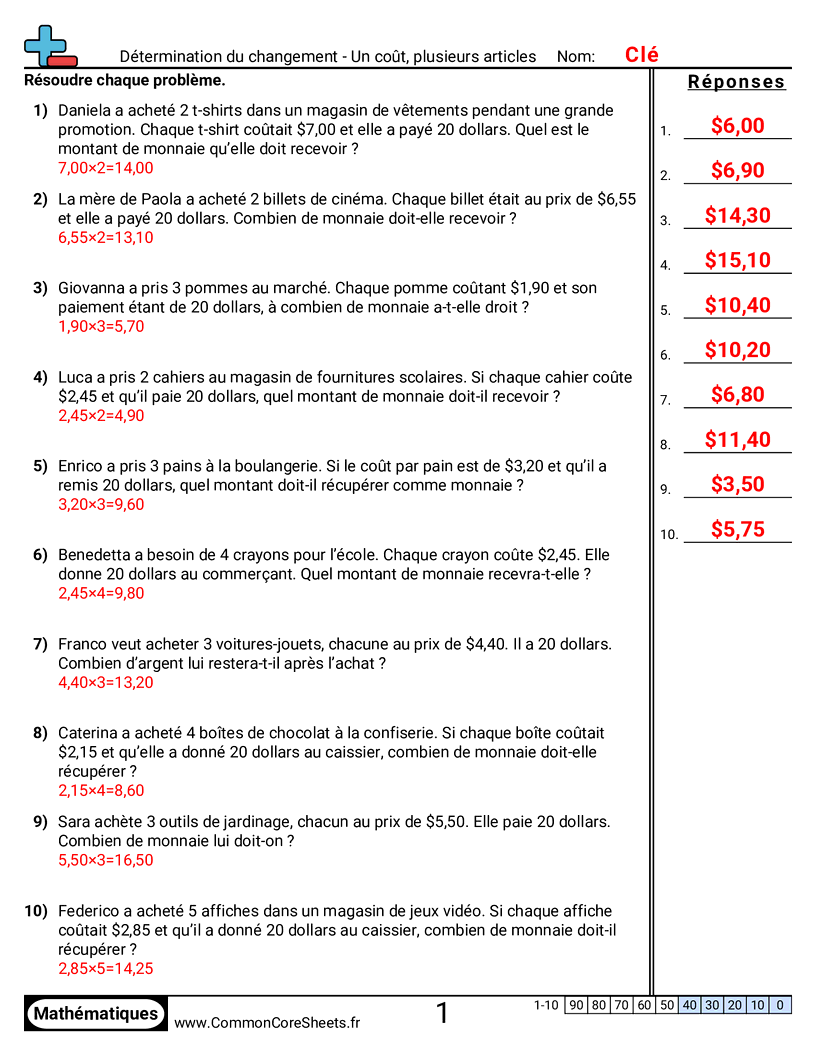 Fiches d'Exercices sur la Monnaie - Un article - un prix worksheet