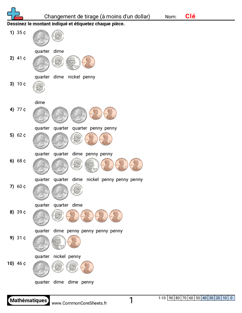 Fiches d'Exercices sur la Monnaie - Dessiner la monnaie (jusqu’à un dollar) worksheet