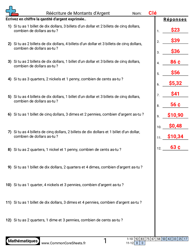 Fiches d'Exercices sur la Monnaie - Trouver des montants (dollars et cents) worksheet