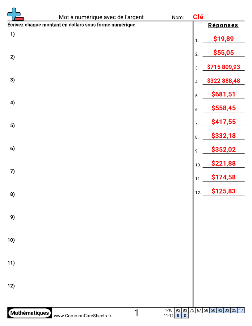 Fiches d'Exercices sur la Monnaie - Écrire la valeur worksheet