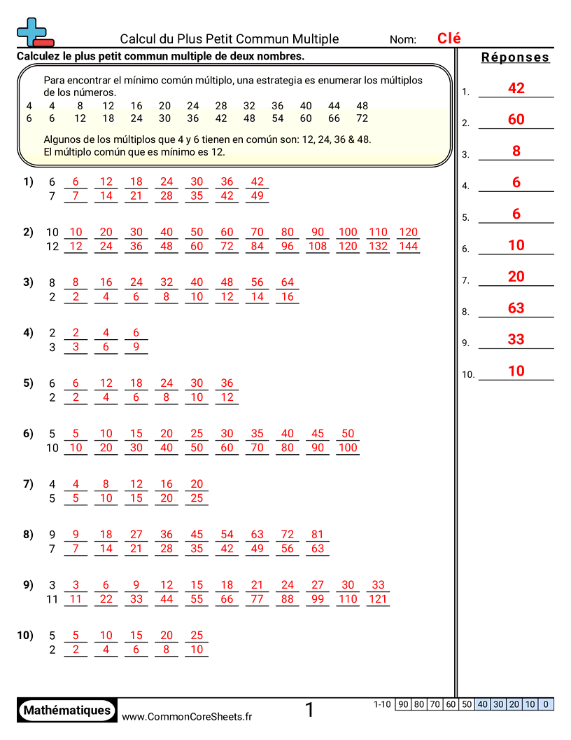 Fiches d'Exercices de Multiplications - Trouver le PPCM worksheet