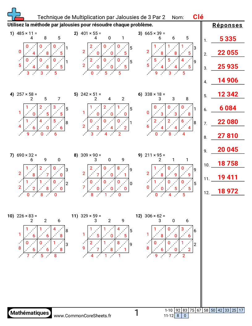 Fiches d'Exercices de Multiplications - 3 chiffres × 2 chiffres worksheet
