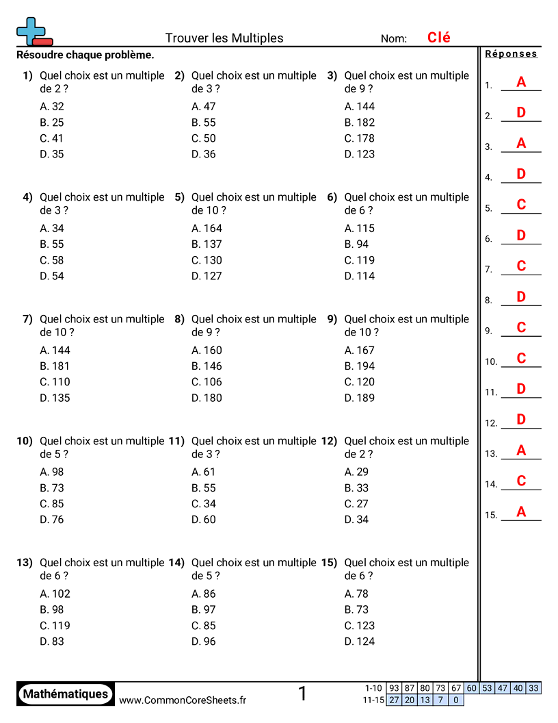 Fiches d'Exercices de Multiplications - Trouver des multiples worksheet