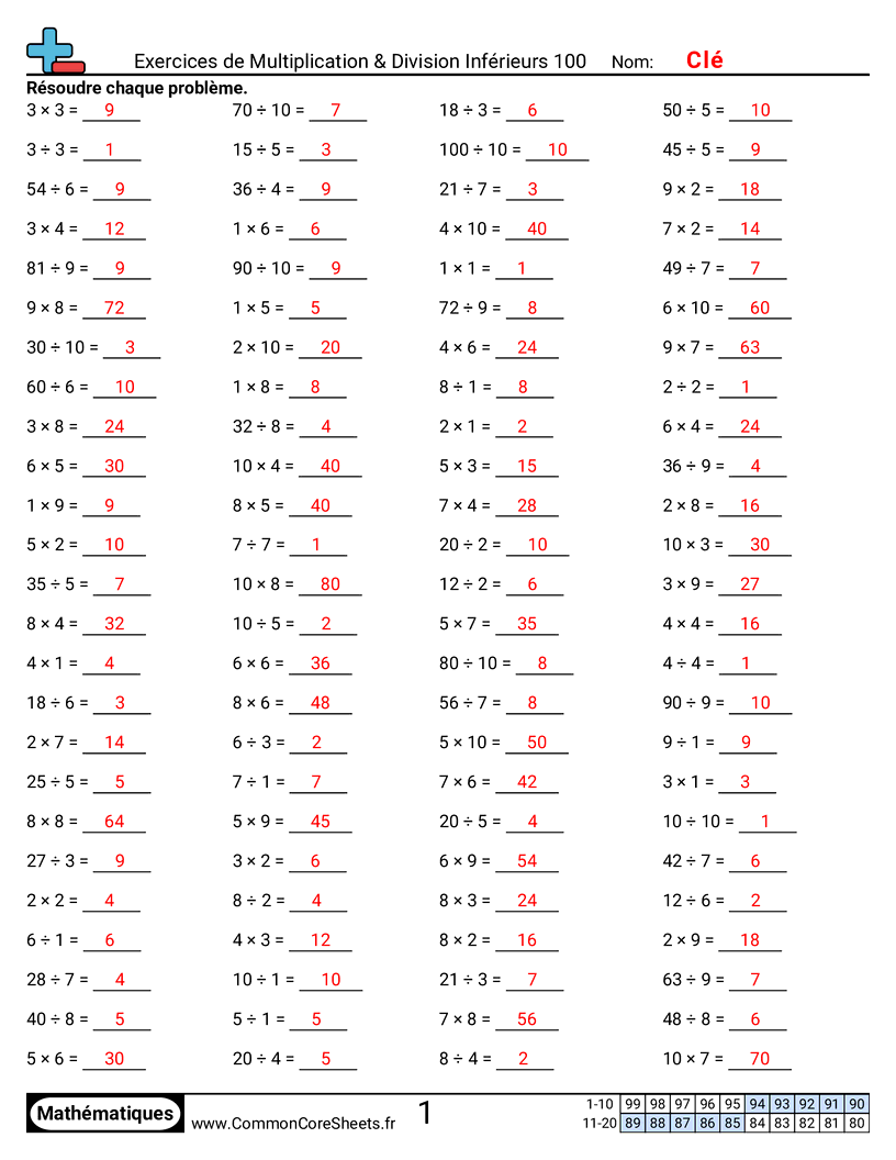 Fiches d'Exercices de Multiplications - Séries multiplication et division worksheet