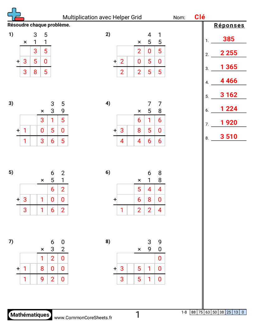 Fiches d'Exercices de Multiplications - Multiplication avec grille d’aide worksheet