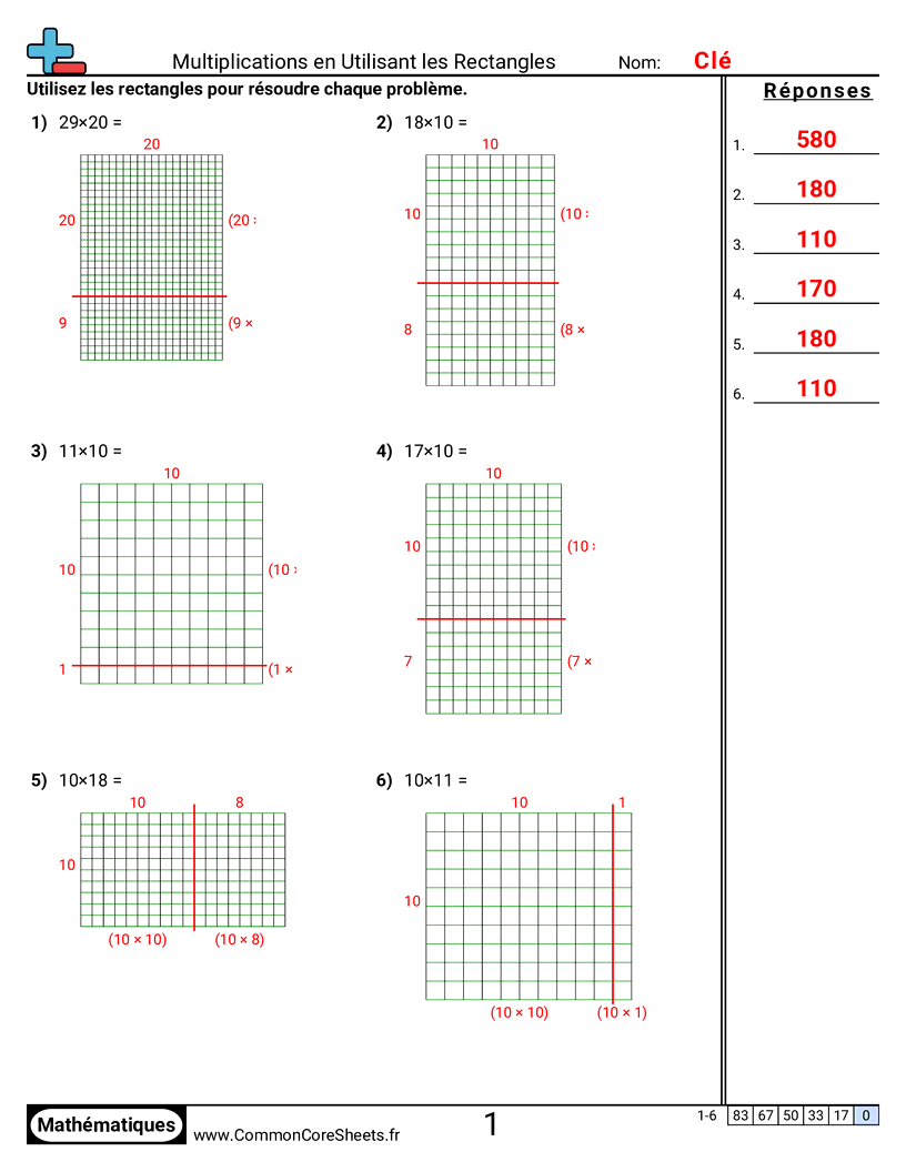 Fiches d'Exercices de Multiplications - Multiplier en utilisant des tableaux (facteurs de 10) worksheet